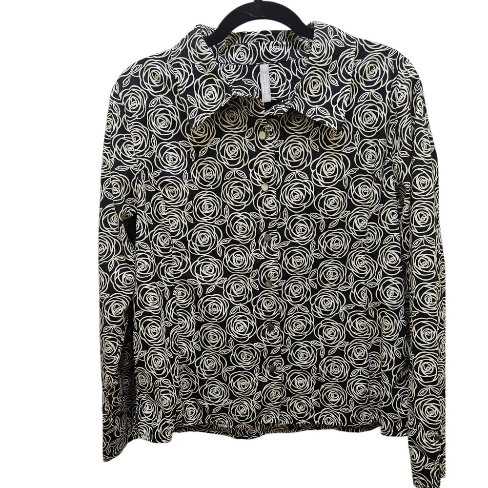 Hannah Andersson Rose Print Button Down Long‎ Sleeve Top Black White Women sz 14
